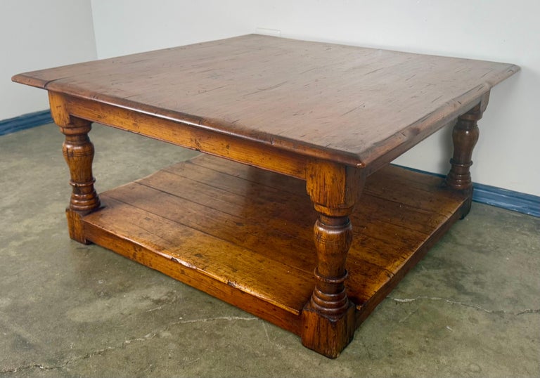 French Country Walnut Coffee Table with Turned Legs and Lower Shelf