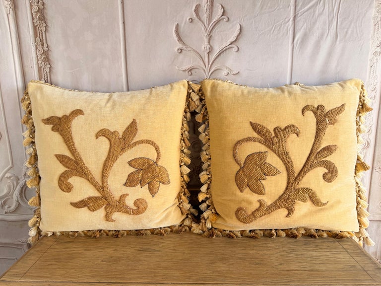Pair of Golden Chenille Pillows w/ 19th Century Metallic Embroidered Appliqués