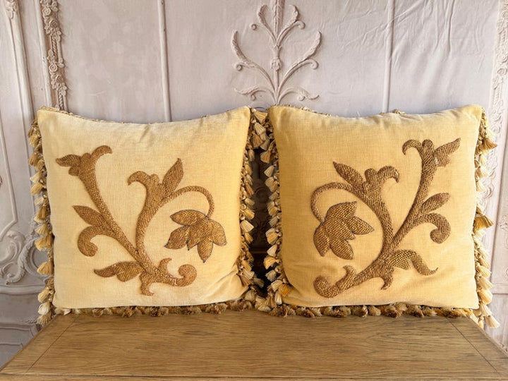 Pair of Golden Chenille Pillows w/ 19th Century Metallic Embroidered Appliqués