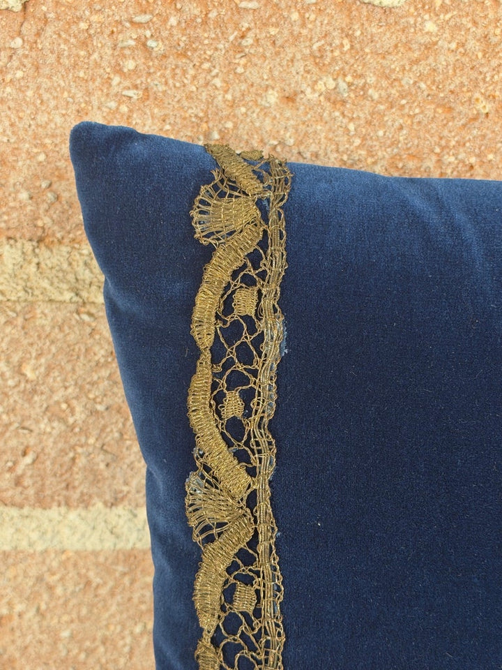 Pair of French Sapphire Velvet Pillows with 19th Century Gold Metallic Appliques