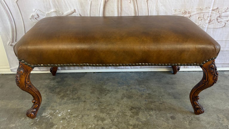 Antique French Louis XV Bench, Hand-Carved Wood &amp; Brown Leather