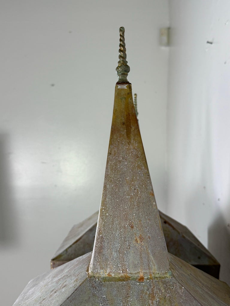 Pair of Large Patinated Zinc Architectural Finials Mounted on Iron Bases