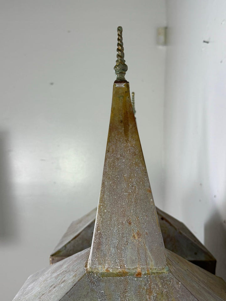 Pair of Large Patinated Zinc Architectural Finials Mounted on Iron Bases