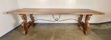 Handcrafted Solid Wood Trestle Dining Table with Wrought Iron Stretcher