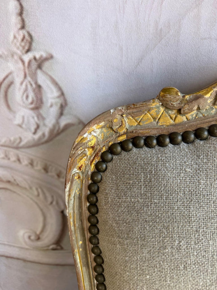 Set of 14 French Louis XV Style Distressed Dining Chairs with Linen Upholstery