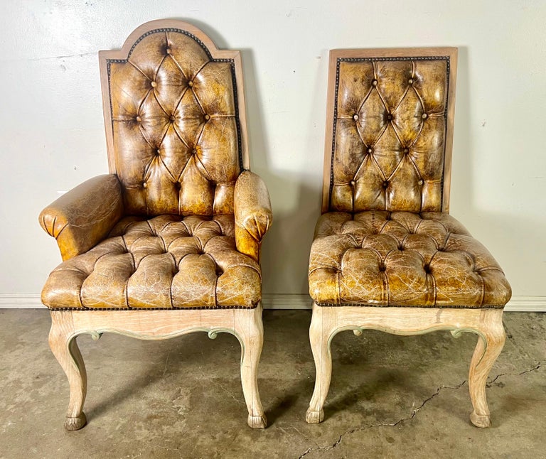 Set of Eight French Leather Tufted Dining Chairs C. 1940