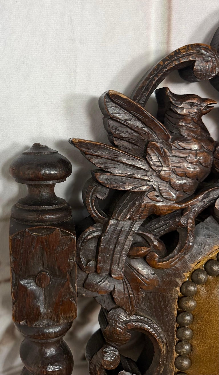 Set of 6 Antique Jacobean Hunt Chairs in Heavily Carved Oak with Cognac Leather