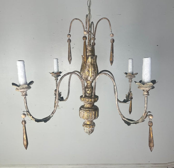 Four Light Italian Gilt Wood Carved Chandelier C. 1900's