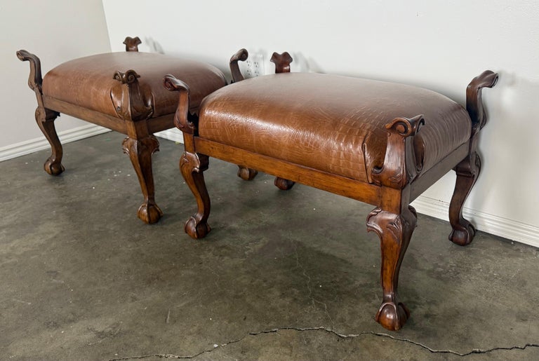 Pair of Spanish Revival Embossed Leather Benches