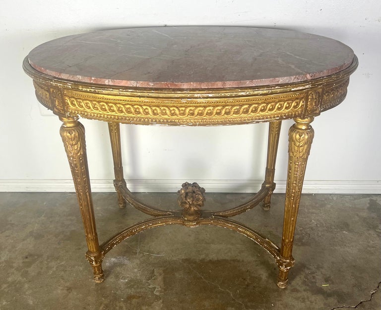 19th Century Louis XVI Style Gilt Wood Table w/ Marble Top