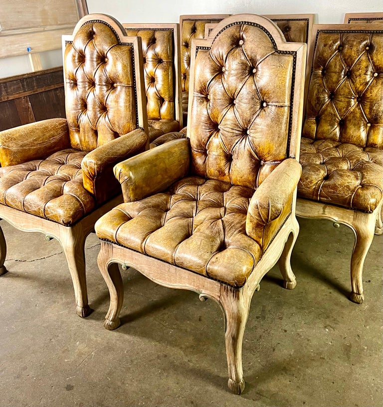 Set of Eight French Leather Tufted Dining Chairs C. 1940