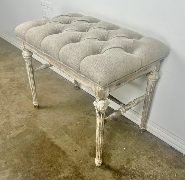 French Louis XVI Style Painted Bench w/ Belgium Linen