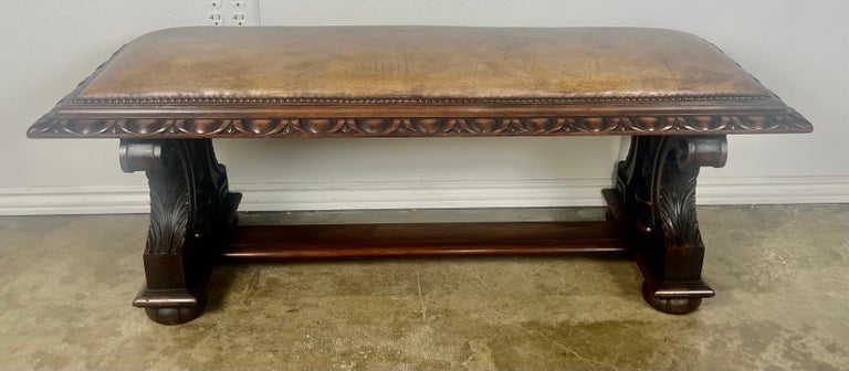 Leather Upholstered English Bench w/ Egg & Dart Detail