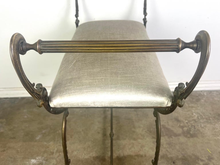 Brass Scrolled Velvet Upholstered Vanity Bench