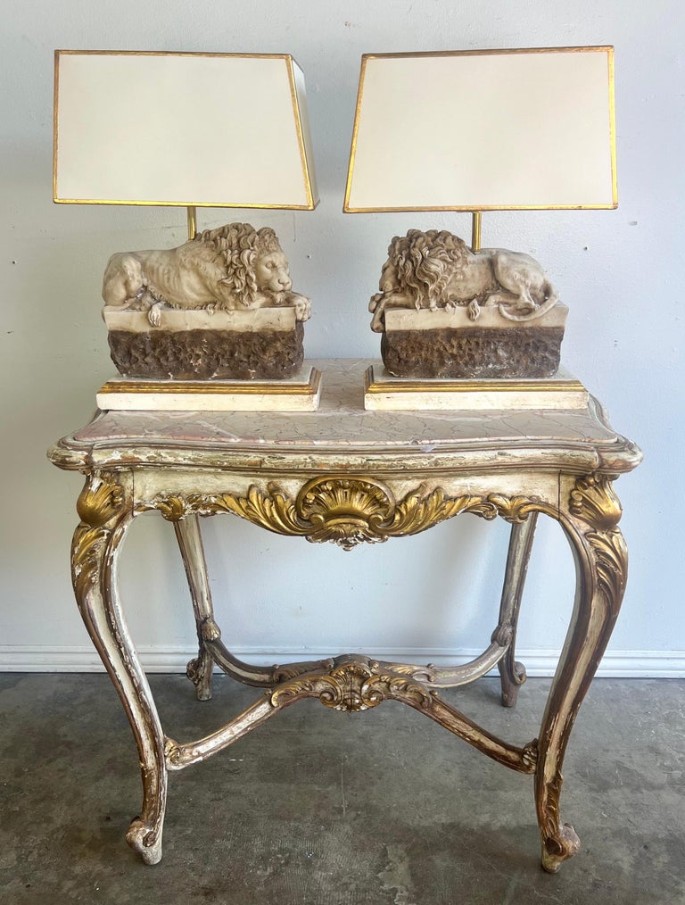 Pair of Italian Carved Stone Lion Lamps with Parchment Shades