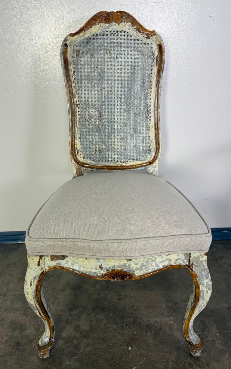 Set of 8 Distressed French Louis XV Style Dining Chairs with Cane Backs
