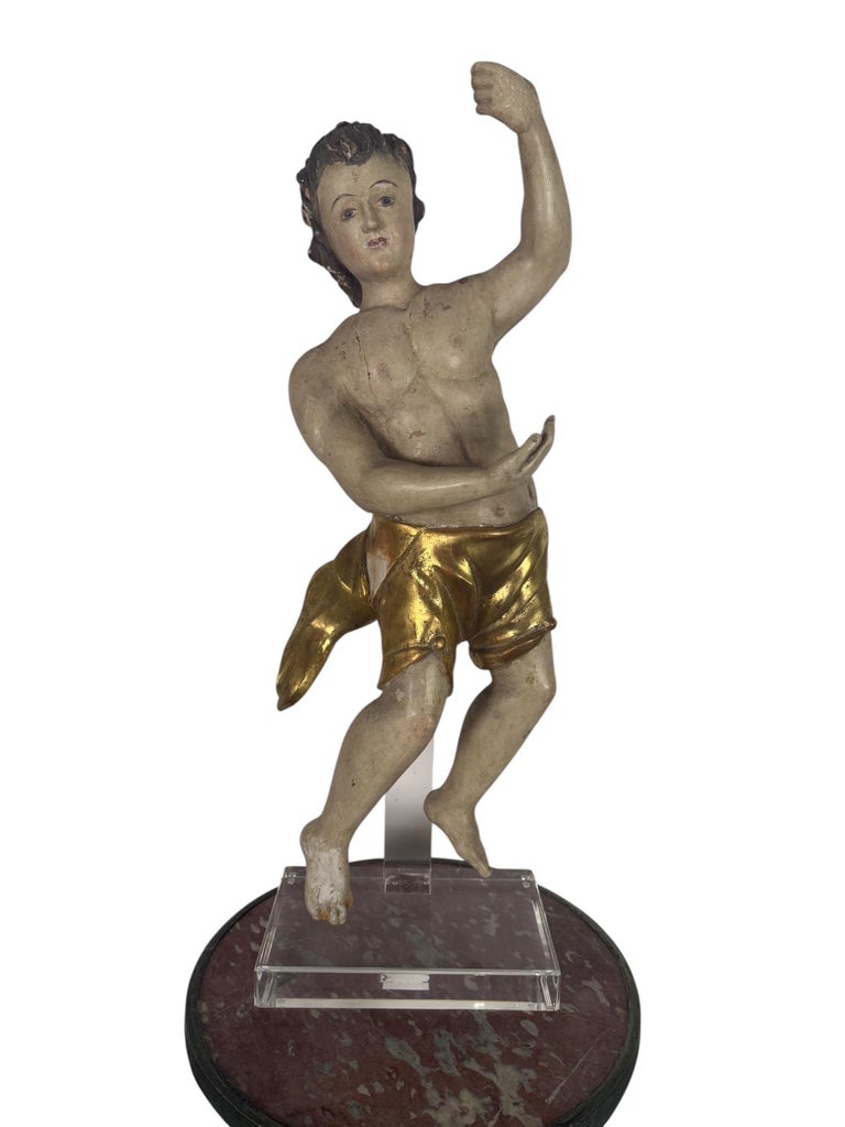 19th Century Carved Polychrome and Giltwood Statue of a Putti