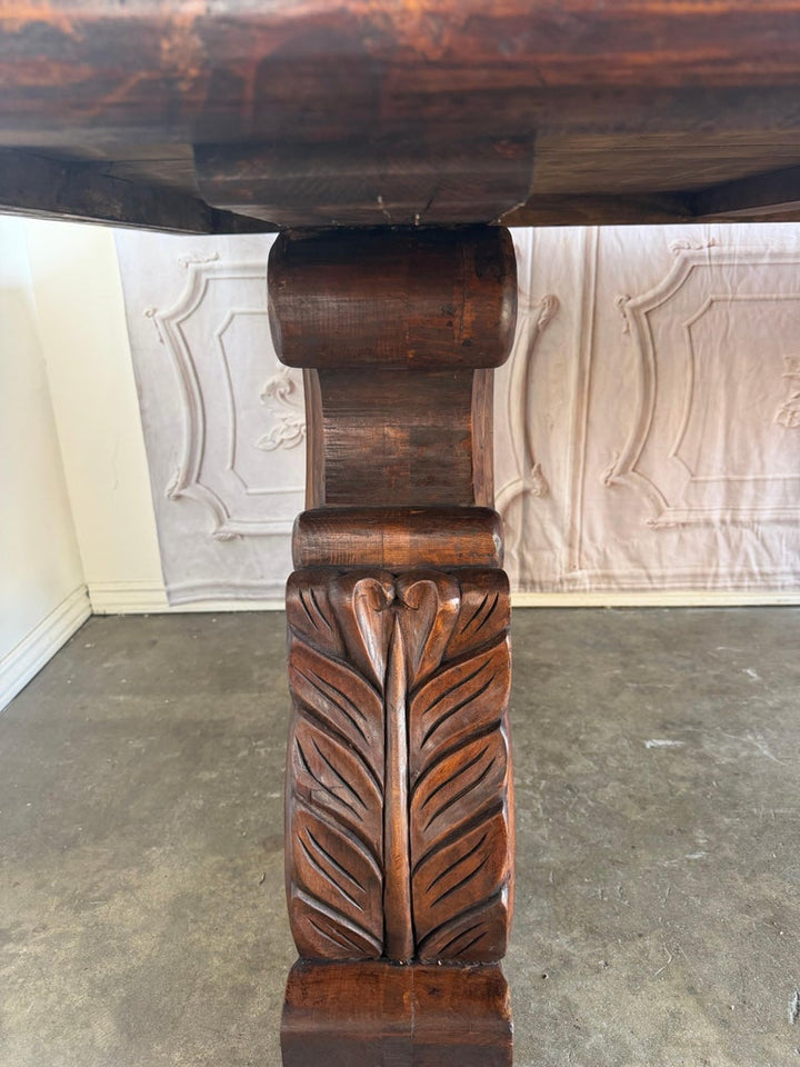 Spanish Colonial Revival Walnut Dining Table with Hand-Carved Scrollo