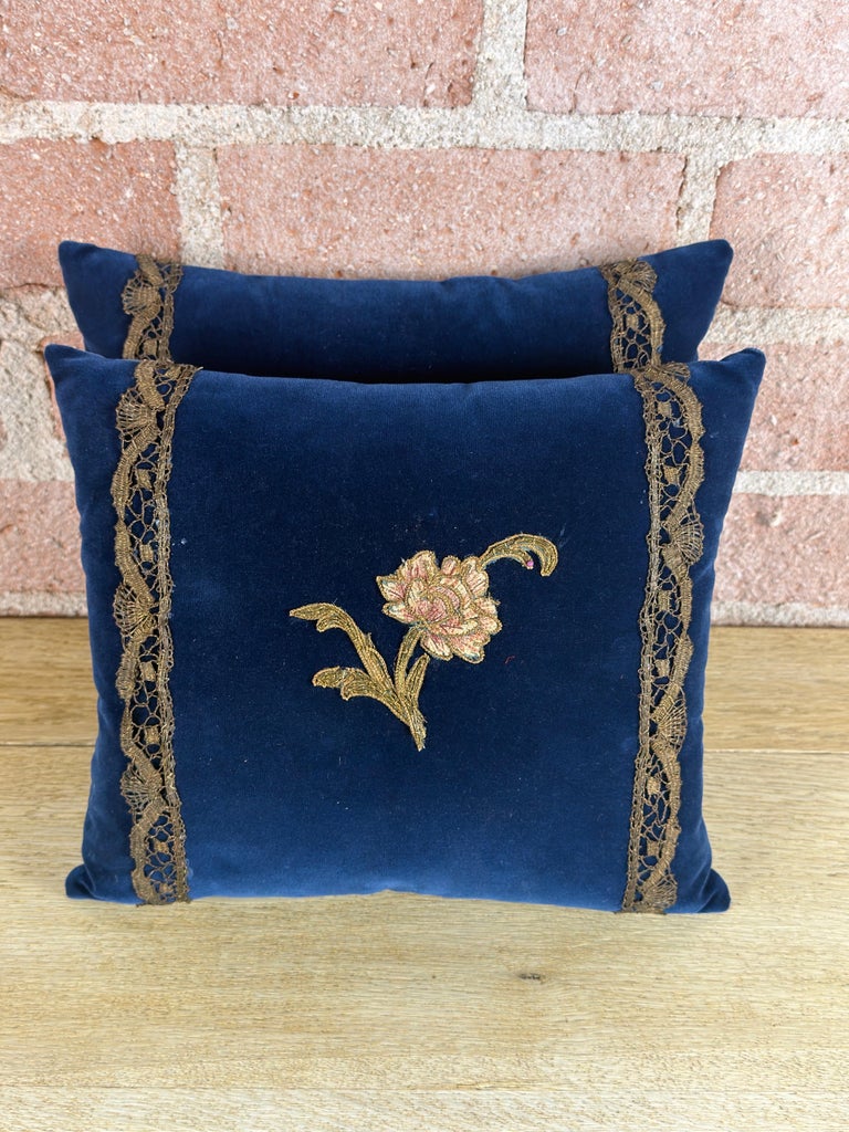 Pair of French Sapphire Velvet Pillows with 19th Century Gold Metallic Appliques
