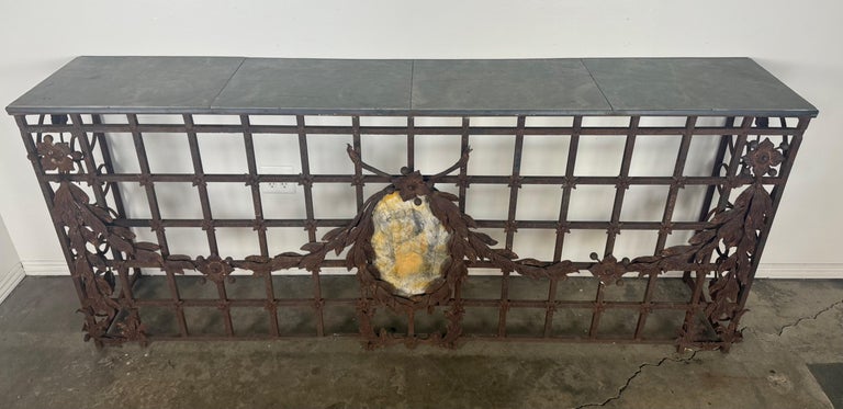 Monumental Hand-Wrought Iron Console with Stone Medallion and Classical Garlands