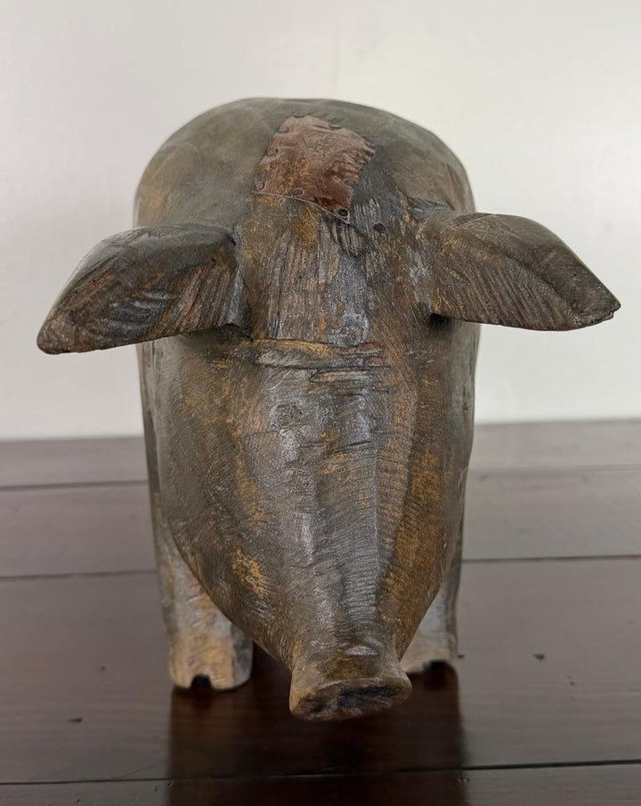 Folk Art Carved Wooden Pig Sculpture with Patinated Finish