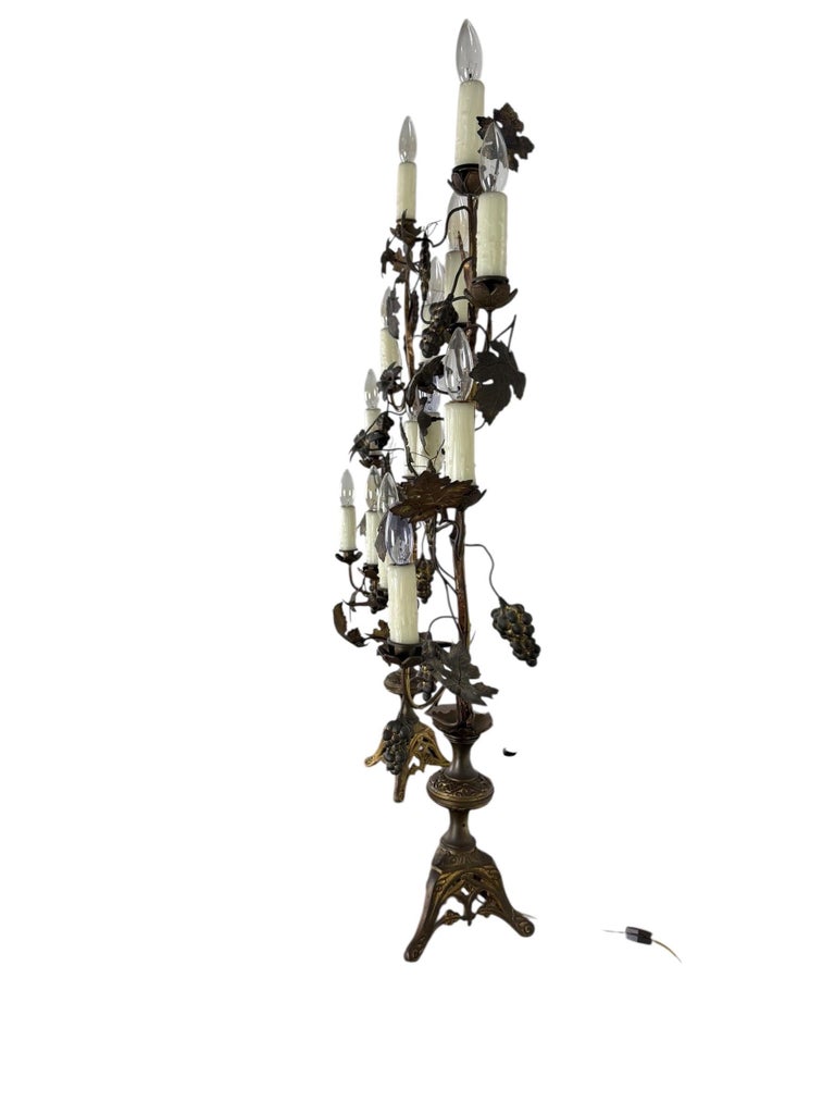 Pair of Gilded Brass Candelabra Lamps with Foliate & Grape Motifs
