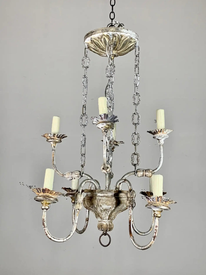 Two-Tier Silvered Wood and Metal Chandelier