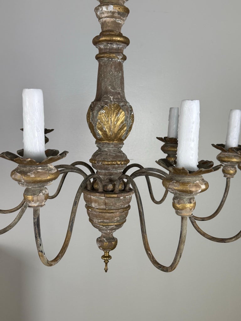 Antique Italian Giltwood and Iron Six-Light Chandelier