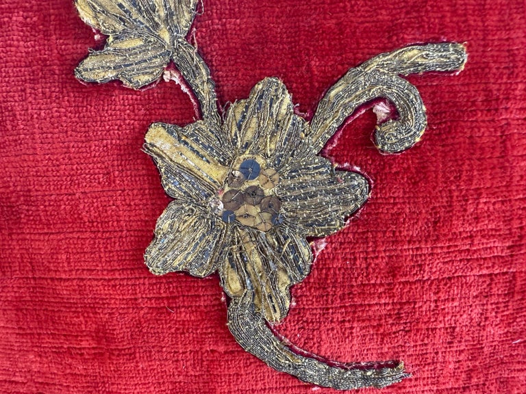 Pair of Petite Red Velvet Pillows with 19th-Century Metallic Appliqués