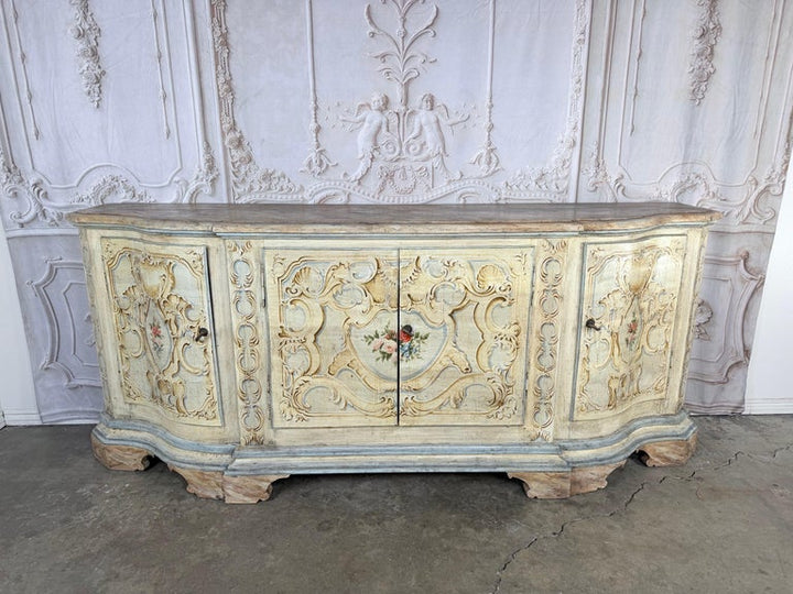 Italian Rococo Painted Serpentine Credenza with Floral Cartouches
