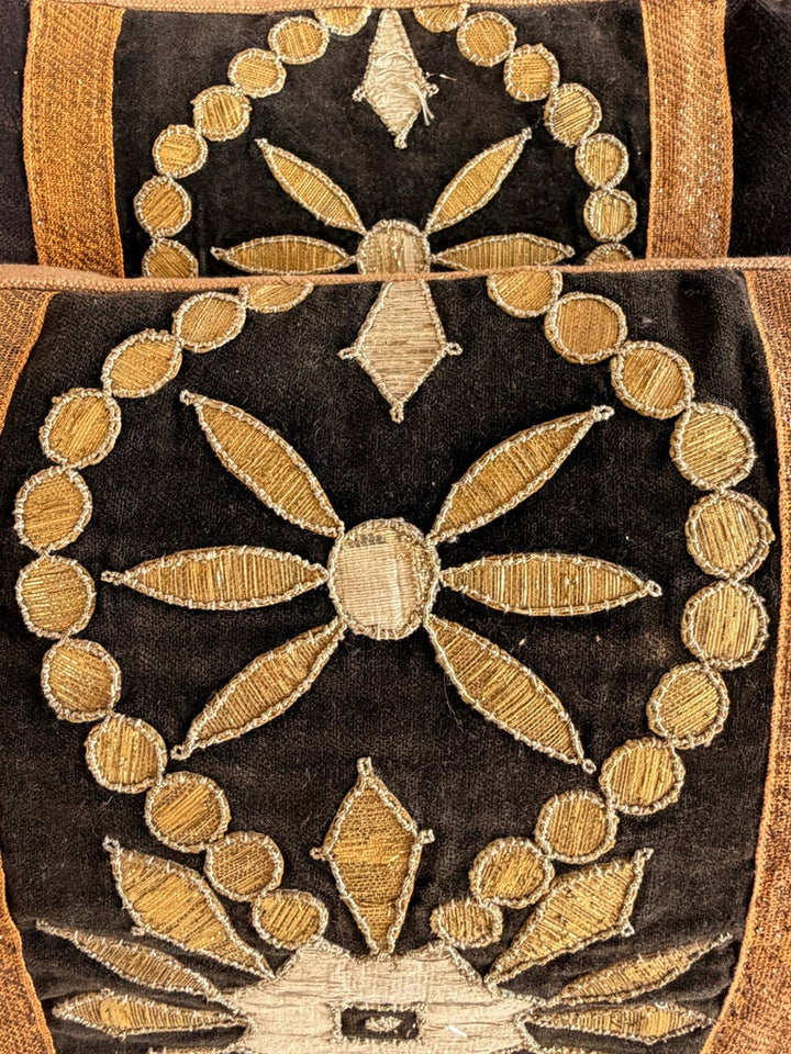Pair of Custom Velvet Pillows with 19th Century French Appliqué Panels