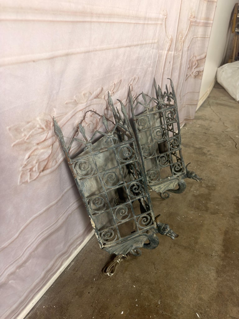 Pair of Gothic Revival Metal Iron Dragon Sconces