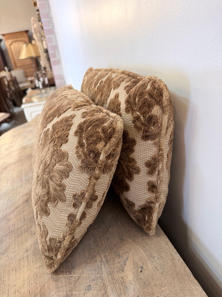 Pair of Cut Velvet Lumbar Pillows, Taupe-Brown Damask, Antique Style