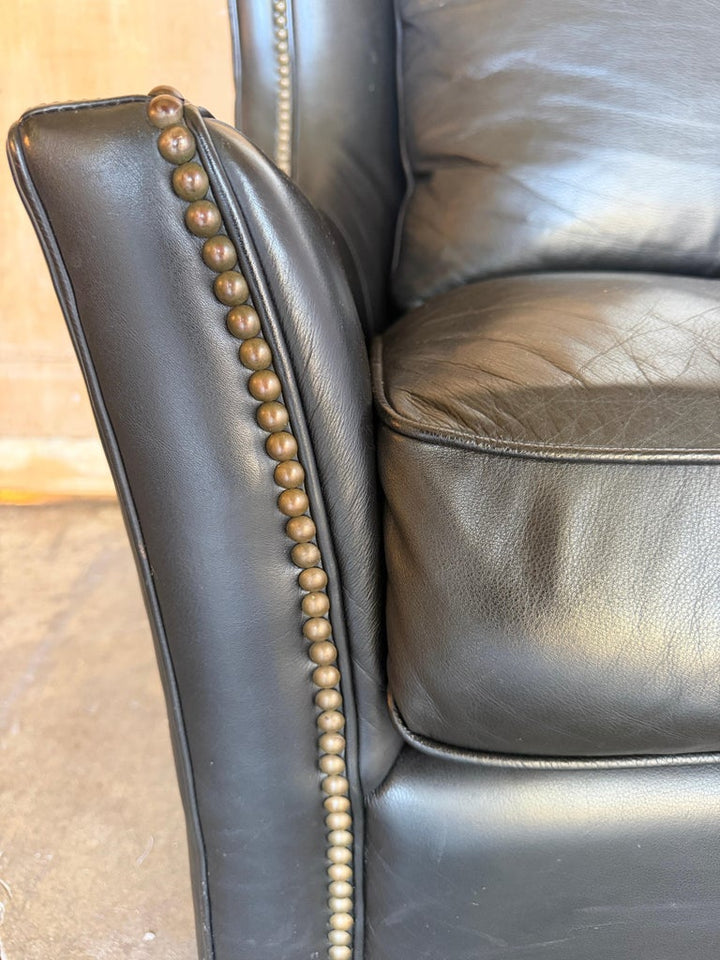 Pair of Thomasville Black Leather Wingback Lounge Chairs
