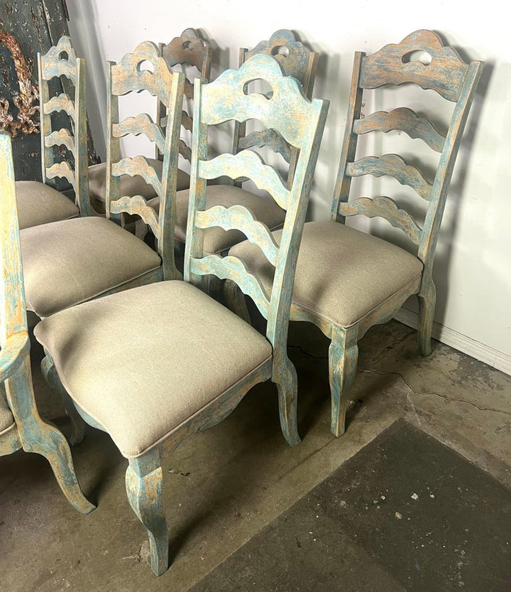 Set of Eight French Painted Ladder Back Dining Chairs