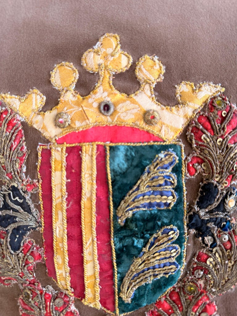 Pair of Velvet Pillows with 19th Century Metallic & Silk Embroidered Crests