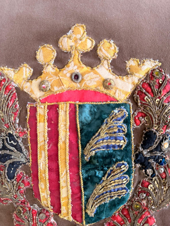 Pair of Velvet Pillows with 19th Century Metallic & Silk Embroidered Crests