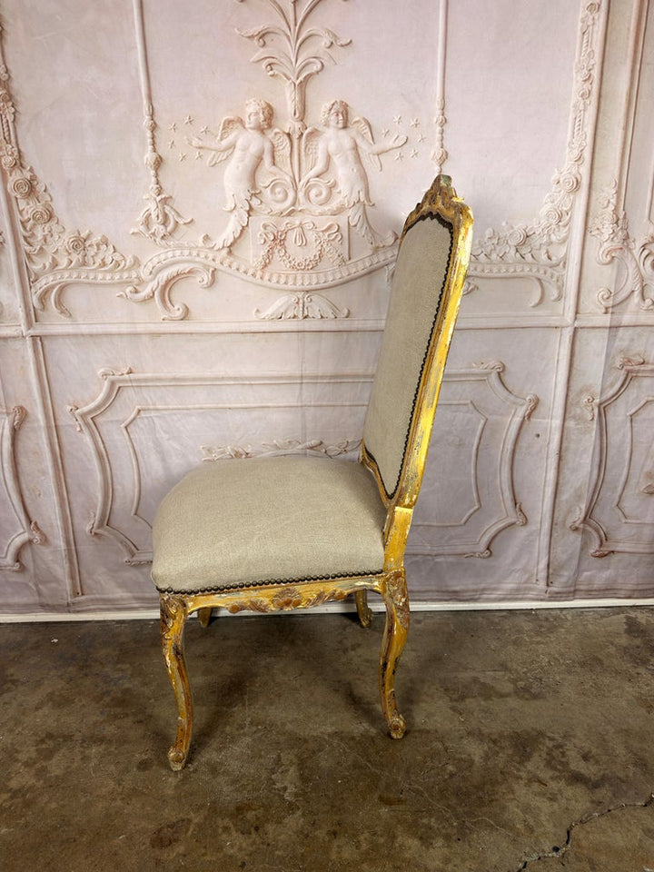 Set of 14 French Louis XV Style Gilt Dining Chairs with Linen Upholstery