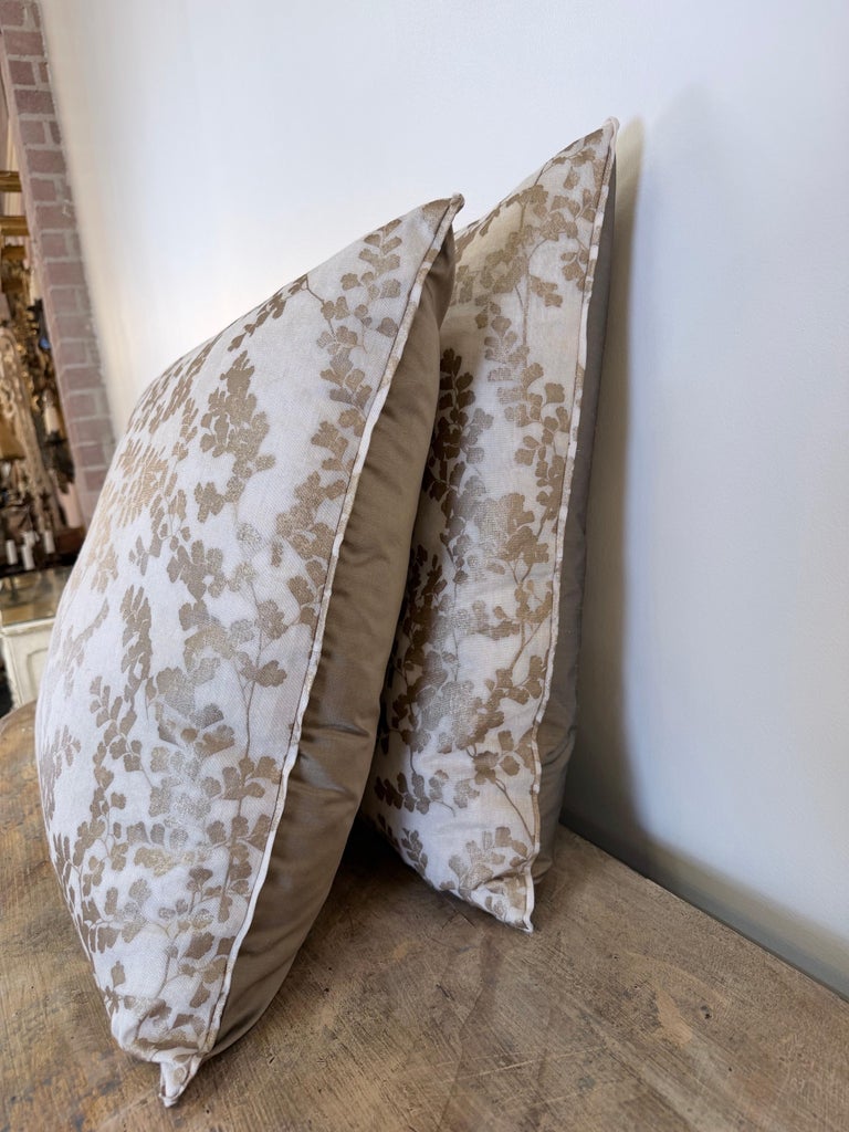 Pair of Custom White Pillows w/ Fern Botanical Design