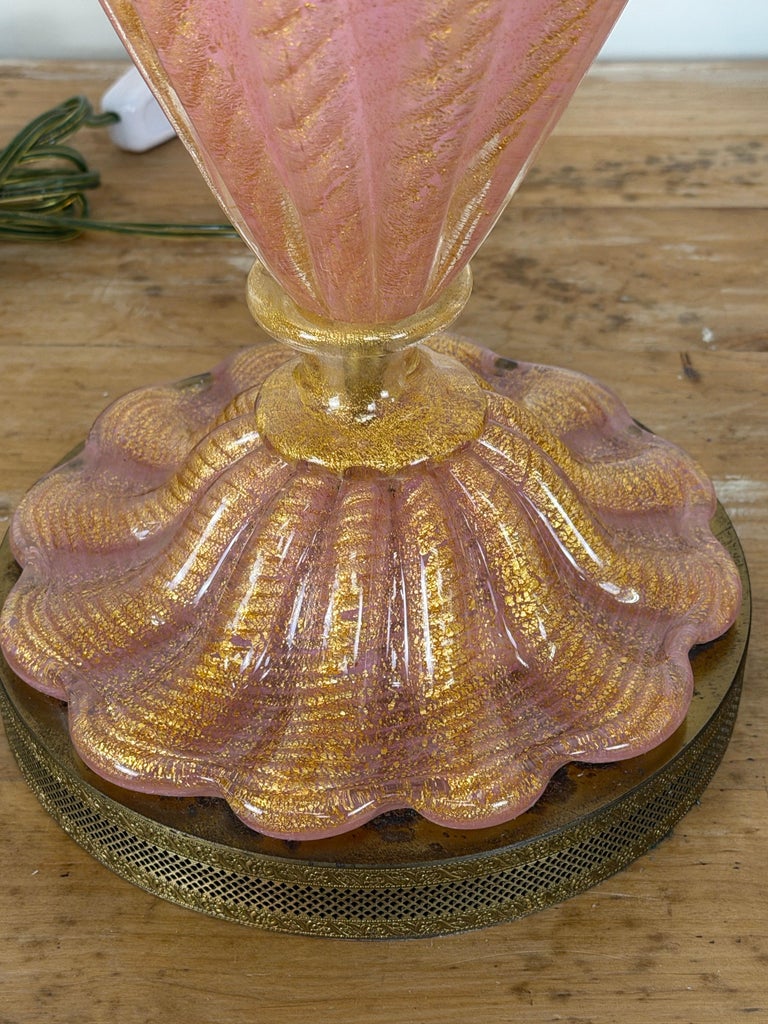 Pair of Murano Pink and Gold Glass Table Lamps w/ Coordinating Parchment Shades