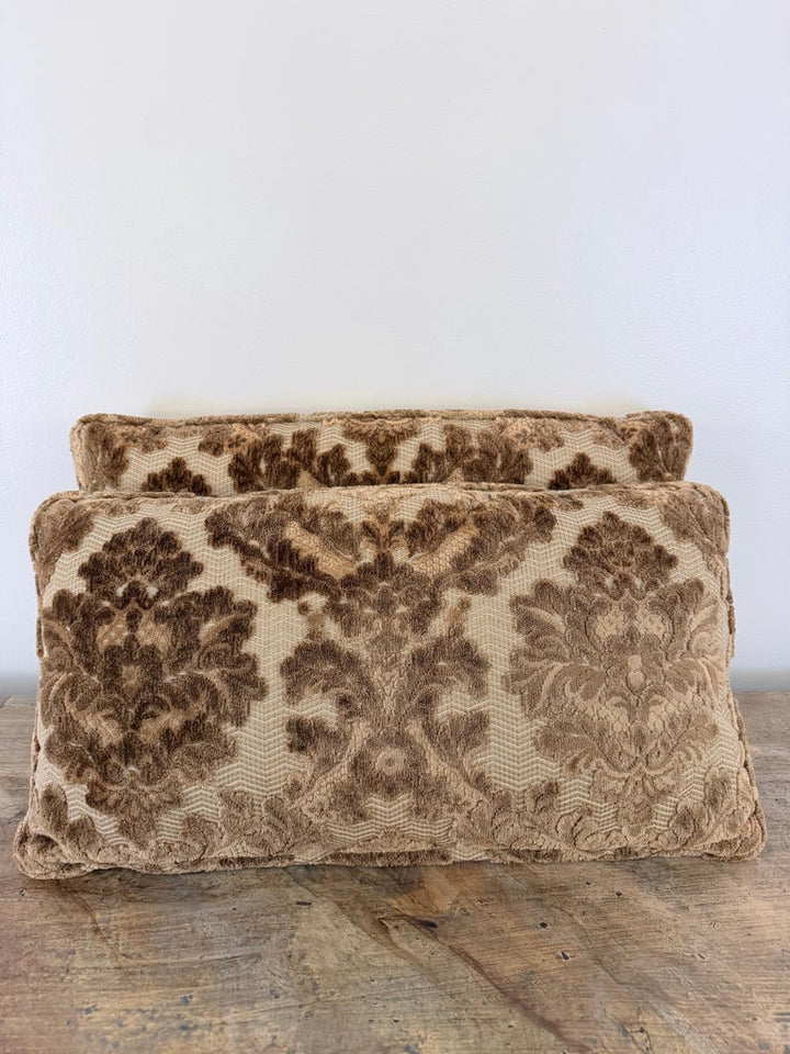 Pair of Cut Velvet Lumbar Pillows, Taupe-Brown Damask, Antique Style