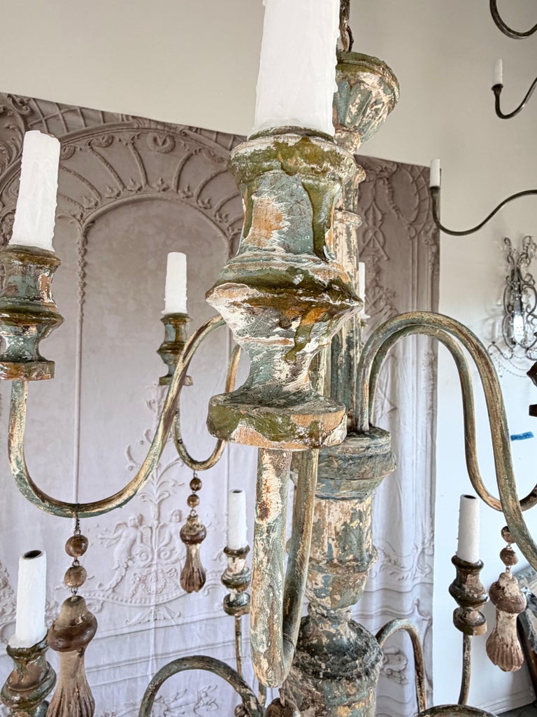 Mediteranean Style Italian Painted & Parcel Gilt Wood 12-Light Chandelier