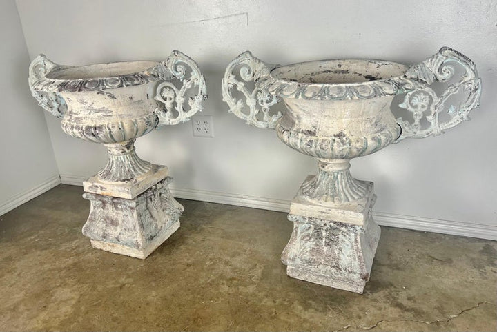 Pair of 19th C. French Cast Iron & Painted Urns