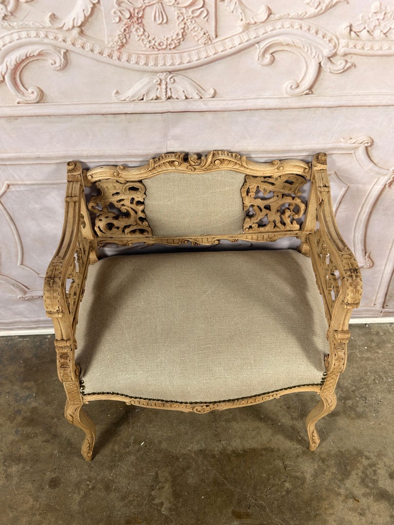 Antique Venetian Rococo Pierced Bench Settee- Hand Carved Bleached Walnut