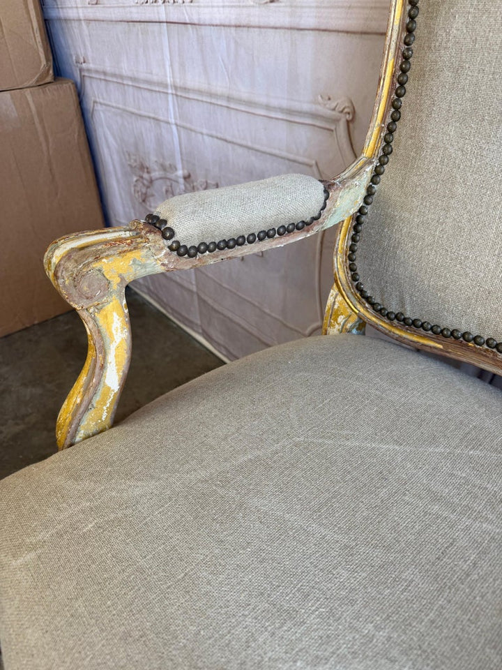 Set of 14 French Louis XV Style Distressed Dining Chairs with Linen Upholstery