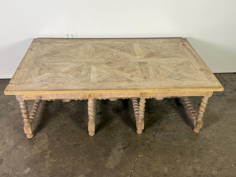 Large European Rustic Coffee Table with Parquetry Top and Barley-Twist Base