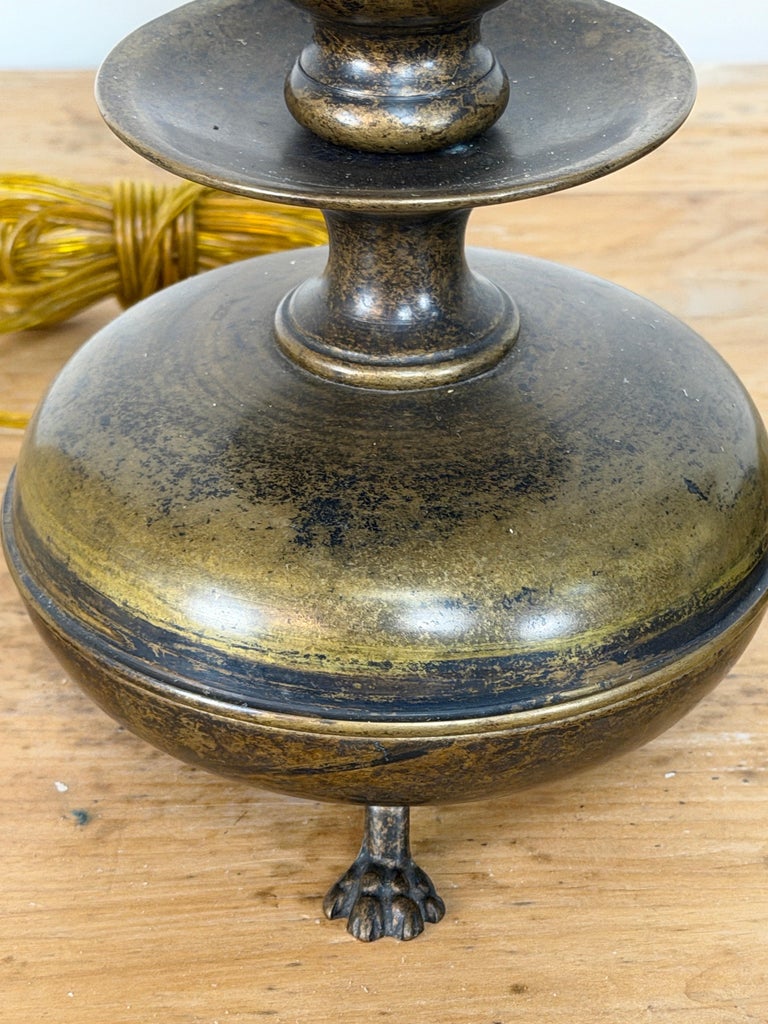 Pair of English Brass Table Lamps - Lion Paw Feet with Original Shades