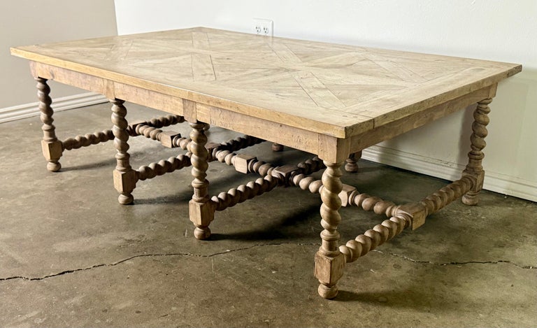 Large European Rustic Coffee Table with Parquetry Top and Barley-Twist Base