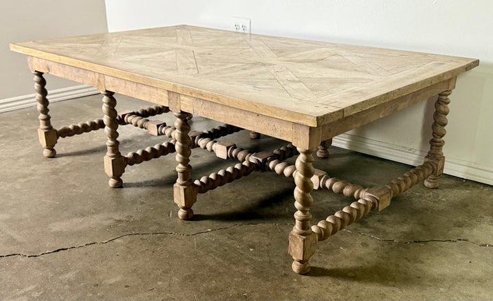 Large European Rustic Coffee Table with Parquetry Top and Barley-Twist Base