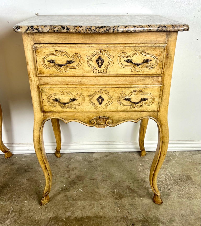 Pair of French End Table w/ Drawers and Granite Tops C. 1930's